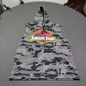 Jurassic Park Hoodie Men's XL Grey Camo Fleece Pullover Movie Logo Sweatshirt XL